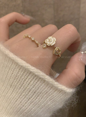 山茶花戒指2只装~浪漫法式高级感轻奢爱心叠戴食指戒小众指环ins