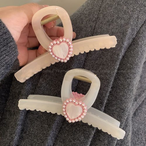 粉色爱心抓夹~甜美少女心可爱珍珠后脑勺盘发鲨鱼夹发夹发饰发爪A