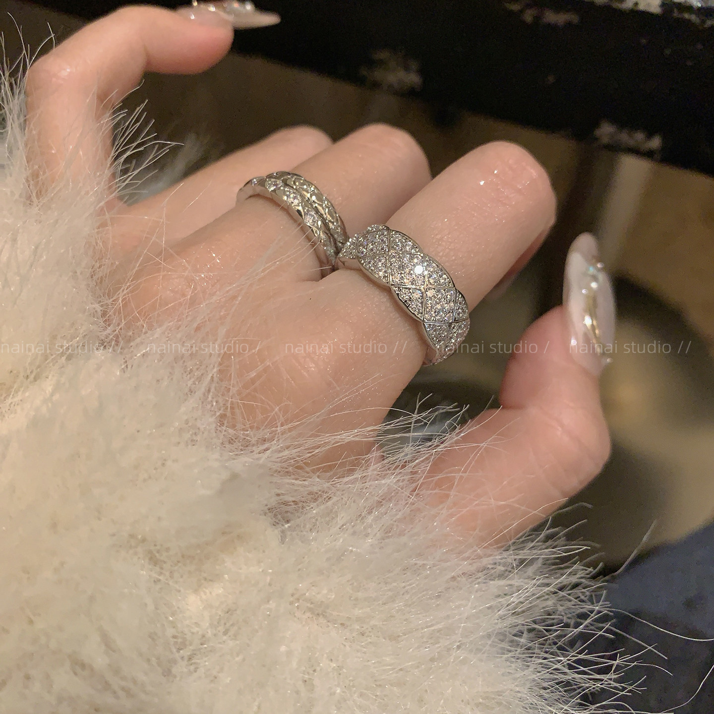 jennie同款小香风菱格戒指~镶钻高级感轻奢食指戒时髦情侣指环