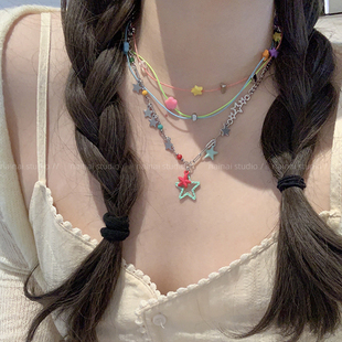 多巴胺女孩!星星双层项链流苏甜酷少女锁骨链撞色小清新y2k颈链
