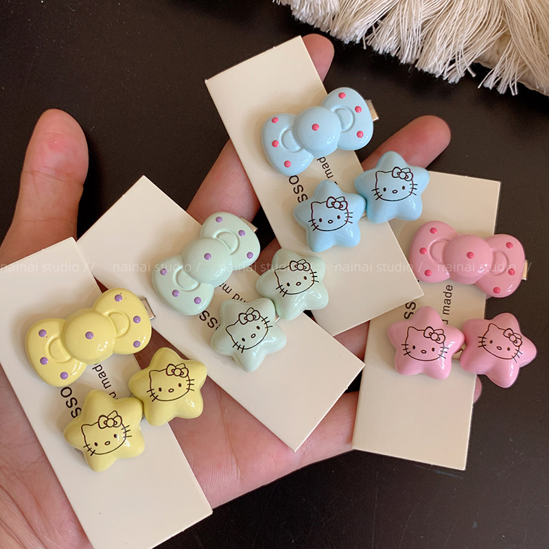彩色KT发夹~Kitty猫咪蝴蝶结波点少女心侧边夹发饰头饰星星刘海夹