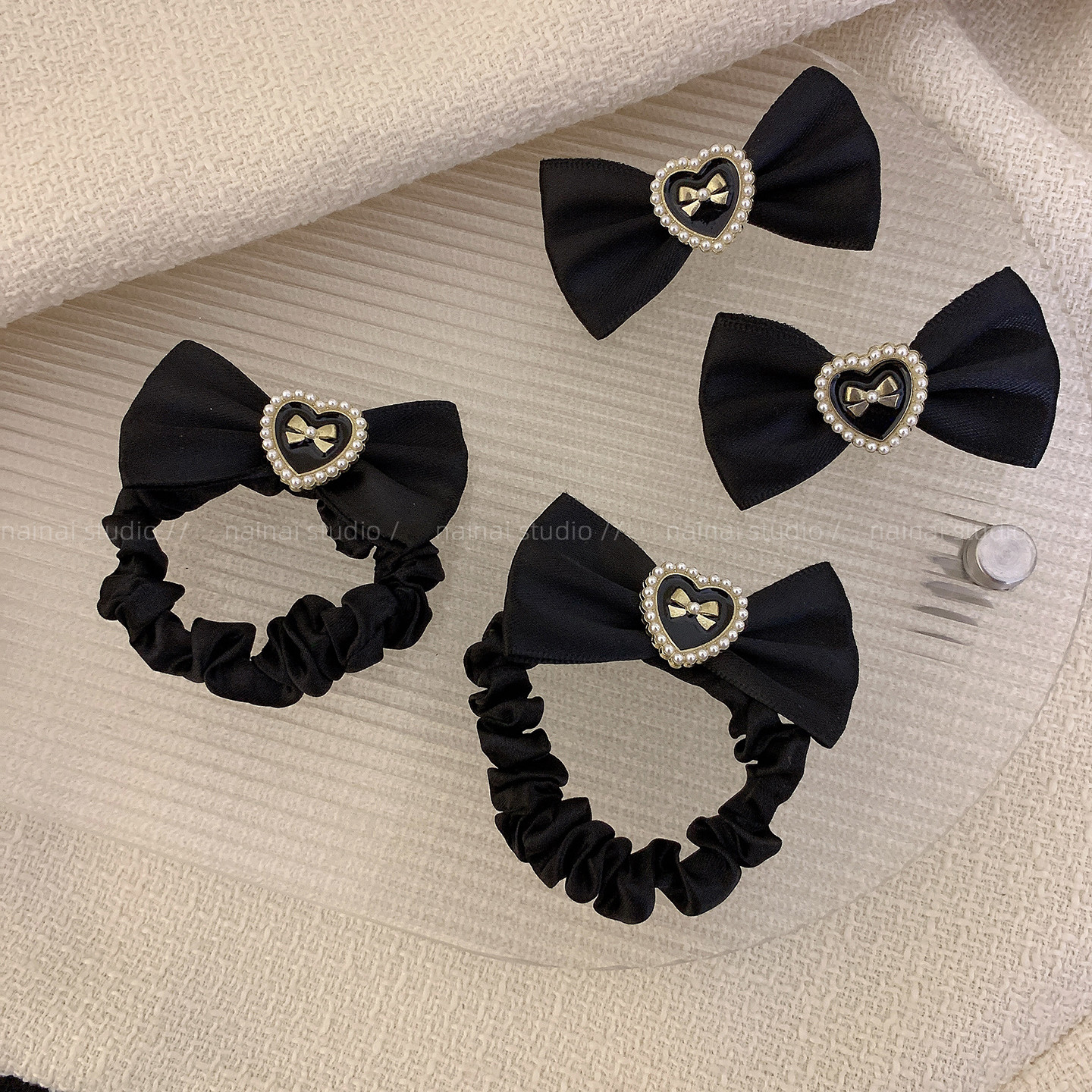 蝴蝶结发夹+发圈2只装~黑色珍珠小香风复古法式发绳头绳发饰头饰A
