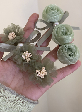 绿色玫瑰花发夹~森系小清新珍珠蝴蝶结2026春季新款侧边夹半扎女A