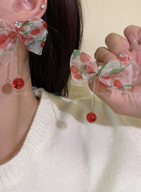 红色樱桃蝴蝶结耳钉~甜美2026夏季新款耳环长款流苏少女心耳饰A