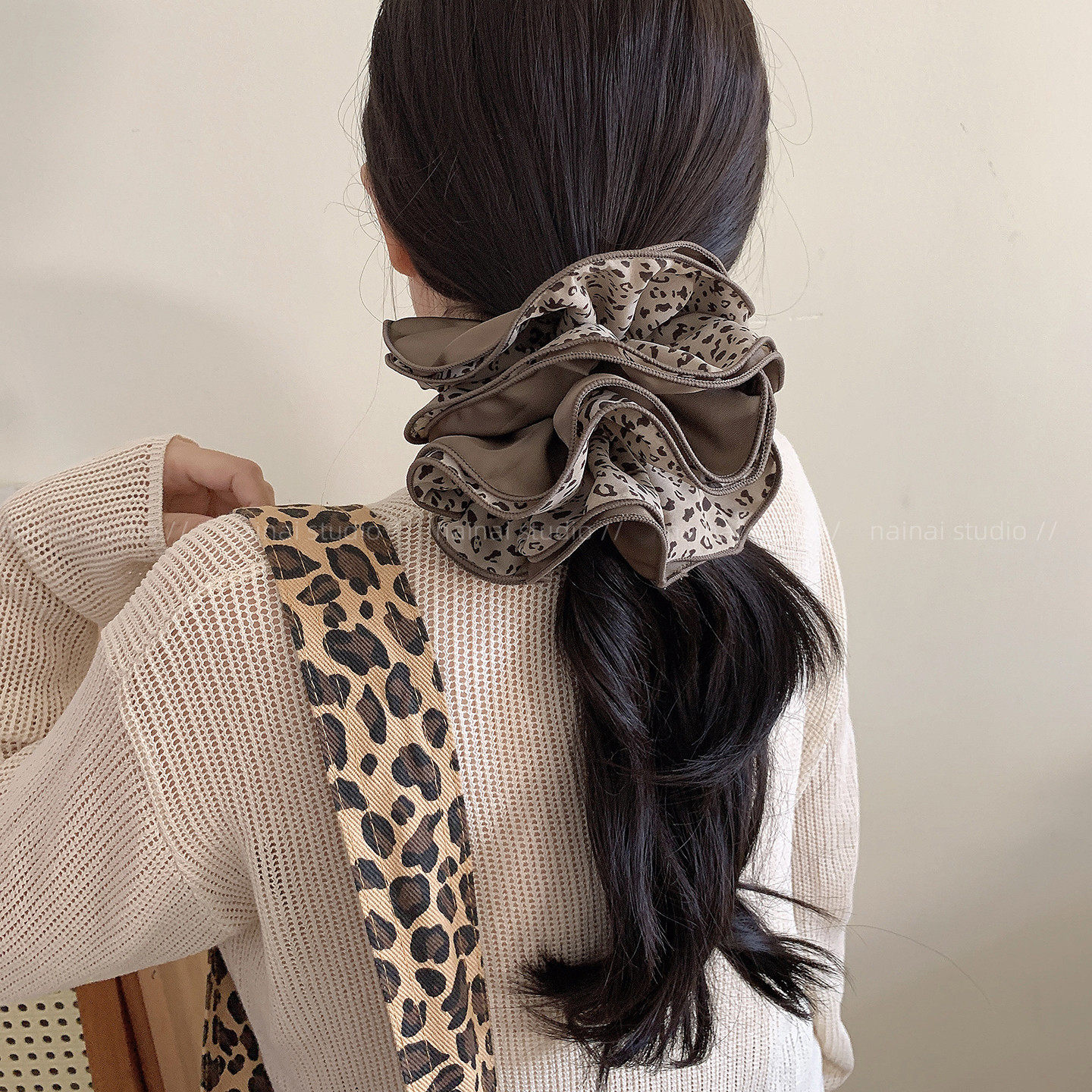 豹纹缎面大肠发圈~四层超大号高级感丸子头发绳马尾扎头发头绳女