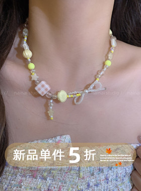 元气少女~黄色串珠项链珍珠爱心蝴蝶结甜美氛围感锁骨链choker女A