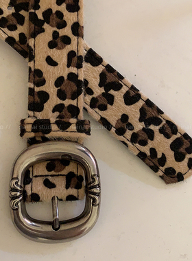 明星款！豹纹皮带海马毛皮革潮酷克罗金属扣男女通用腰带小众裤带