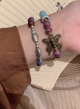 新中式蝴蝶手链~民族风气质叠戴陶瓷串珠手串复古国风闺蜜手饰女A