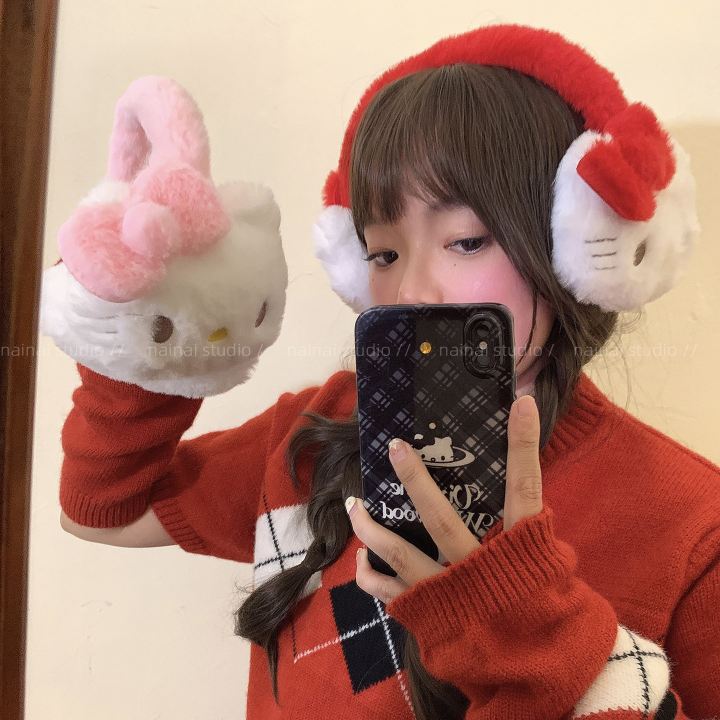 Kitty耳罩~可爱毛绒绒KT猫保暖防寒防冻骑车耳套包耳暖防风可