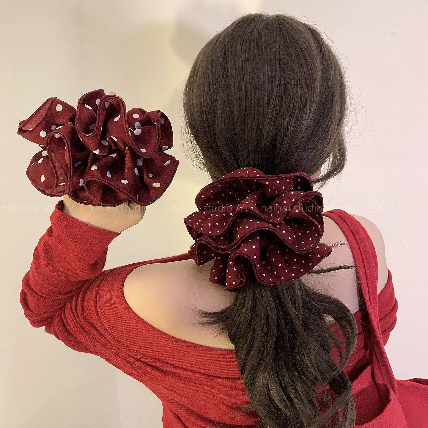 红色波点大肠发圈~新年四层大号缎面丸子头扎马尾发绳头绳头花女