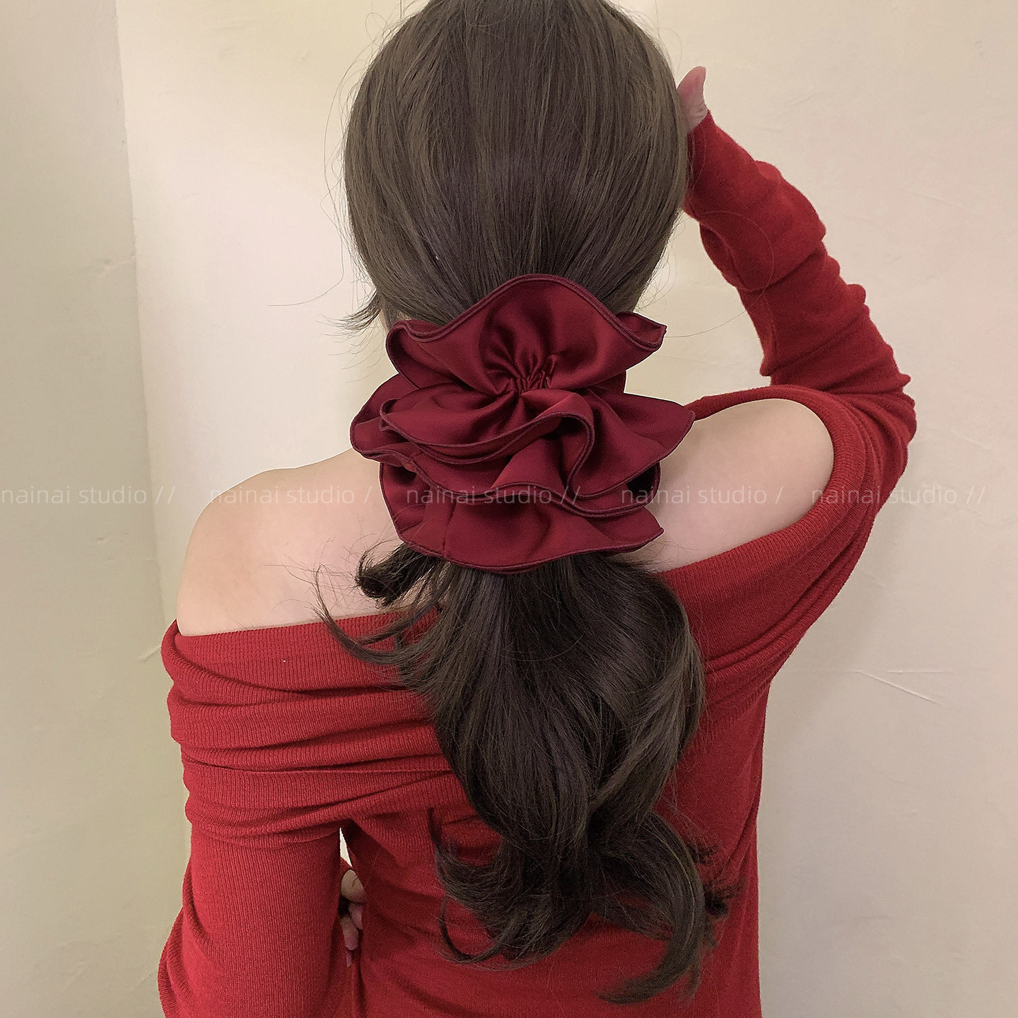 红色缎面大肠发圈~新年款高级感慵懒风大号丸子头扎头发发绳头绳