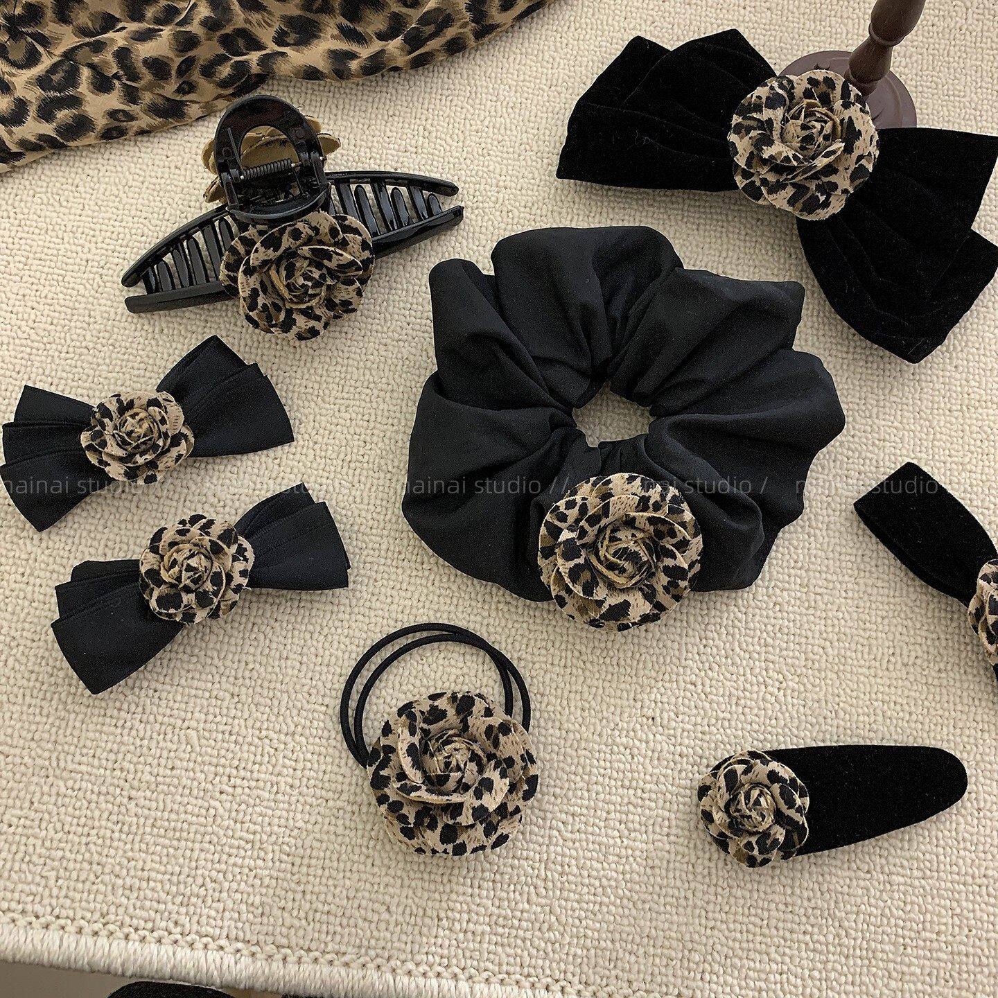 豹纹山茶花发夹~原创系列！黑色甜酷抓夹发圈蝴蝶结发绳发饰头饰