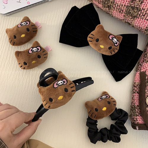 KT猫抓夹黑色丝绒蝴蝶结发饰