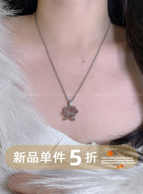 粉色爱心项链~闪钻蝴蝶结锁骨链2025新款小众设计高级感颈链配饰A