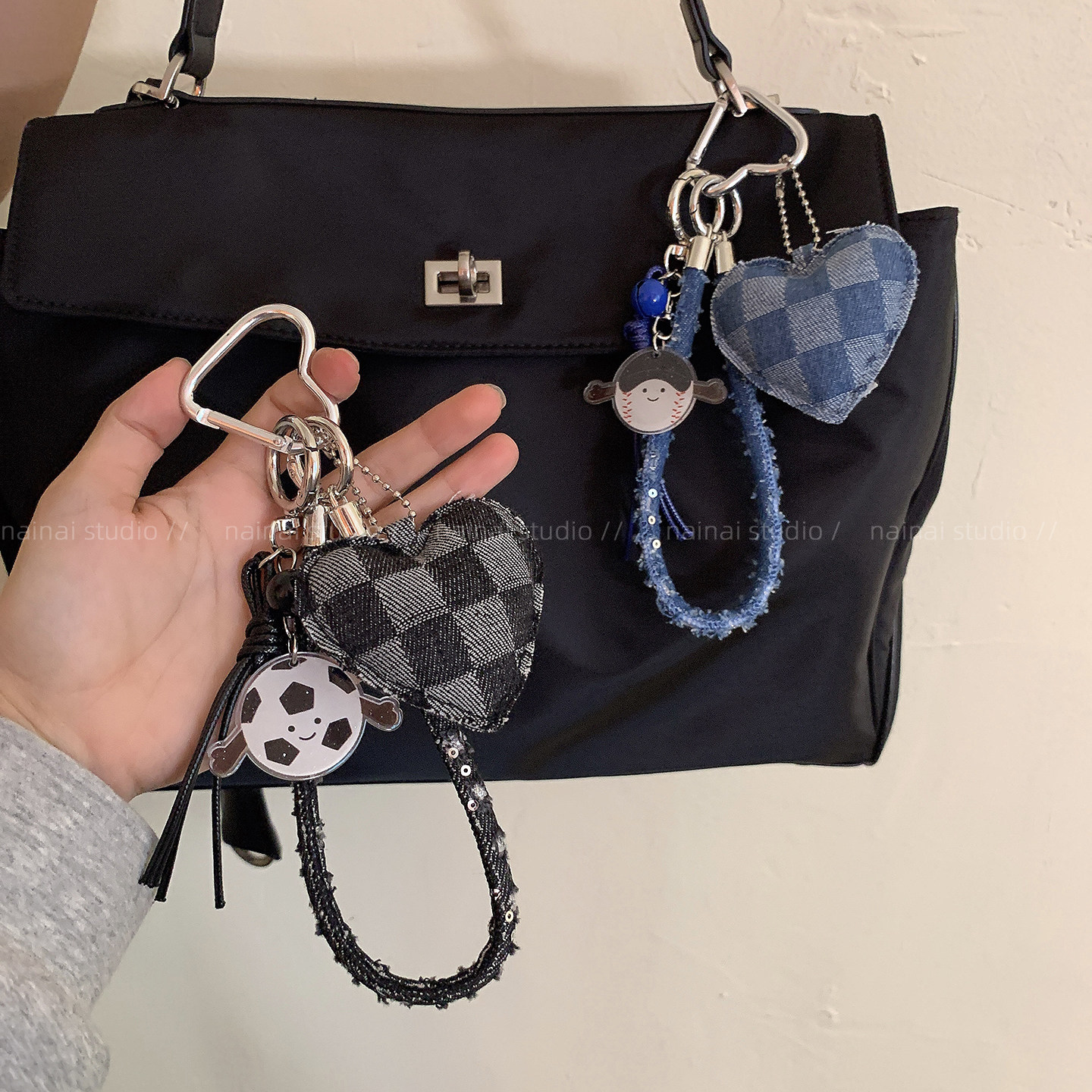 牛仔爱心挂件~格纹立体复古时髦书包挂饰包包车钥匙扣繆系配饰女