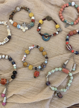 民族风手链~陶瓷新中式复古禅意国风弹力手饰串珠手串小众手绳女A