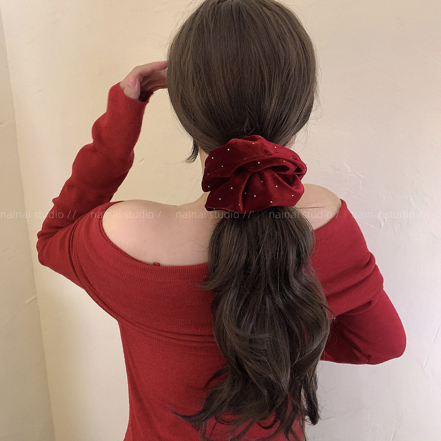 红色闪钻大肠发圈~满天星丝绒丸子头发绳新年款过年头绳发饰头饰