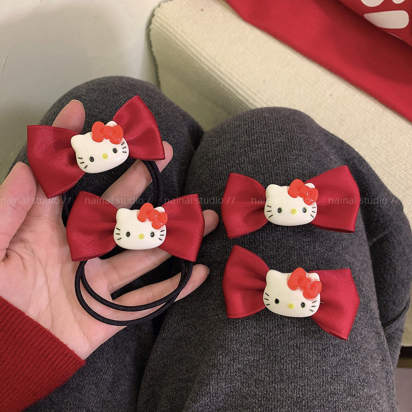 KT蝴蝶结发夹2只装~红色猫咪发圈侧边夹刘海夹可爱新年发饰头饰A