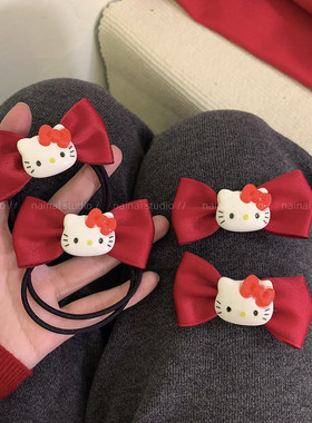 KT蝴蝶结发夹2只装~红色猫咪发圈侧边夹刘海夹可爱新年发饰头饰A