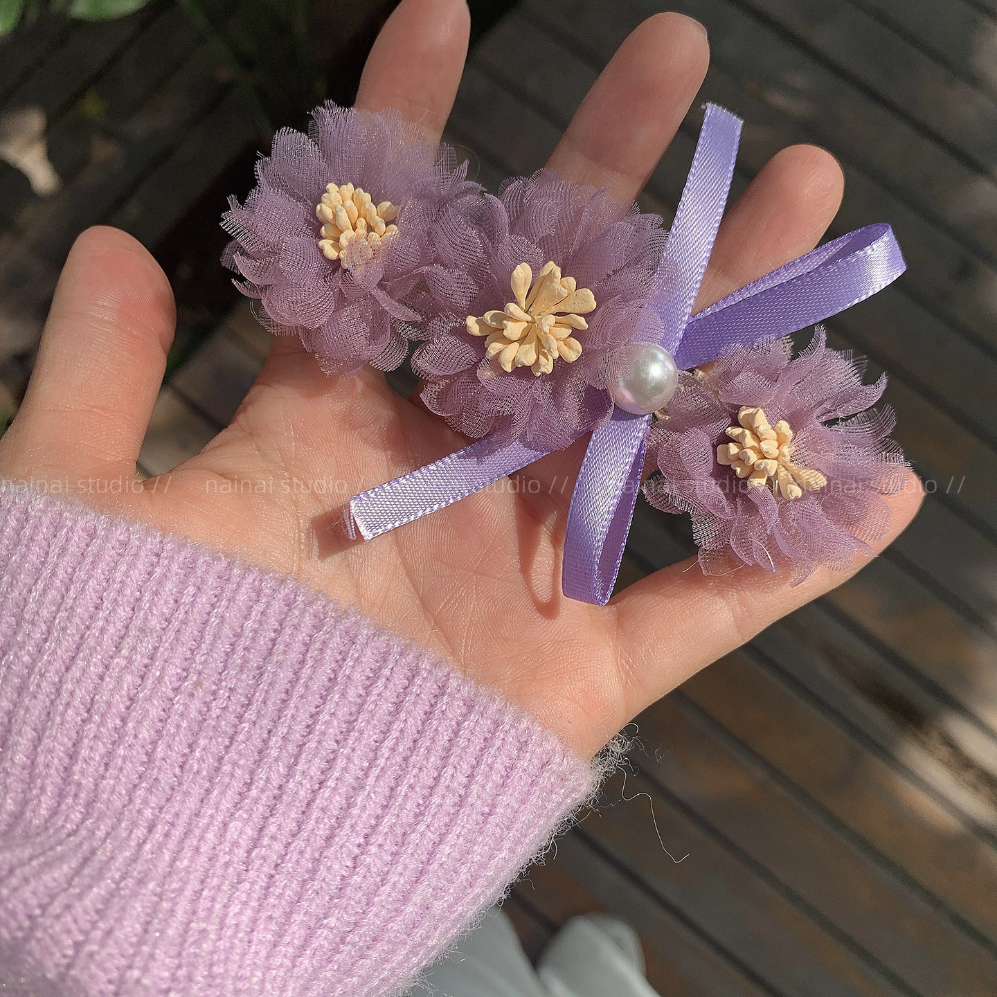 紫色玫瑰花发夹~珍珠蝴蝶结超仙森系小清新山茶花侧边夹发饰女春A