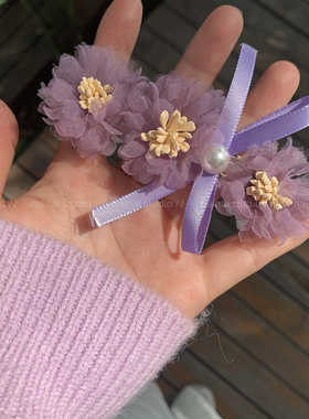 紫色玫瑰花发夹~珍珠蝴蝶结超仙森系小清新山茶花侧边夹发饰女春A