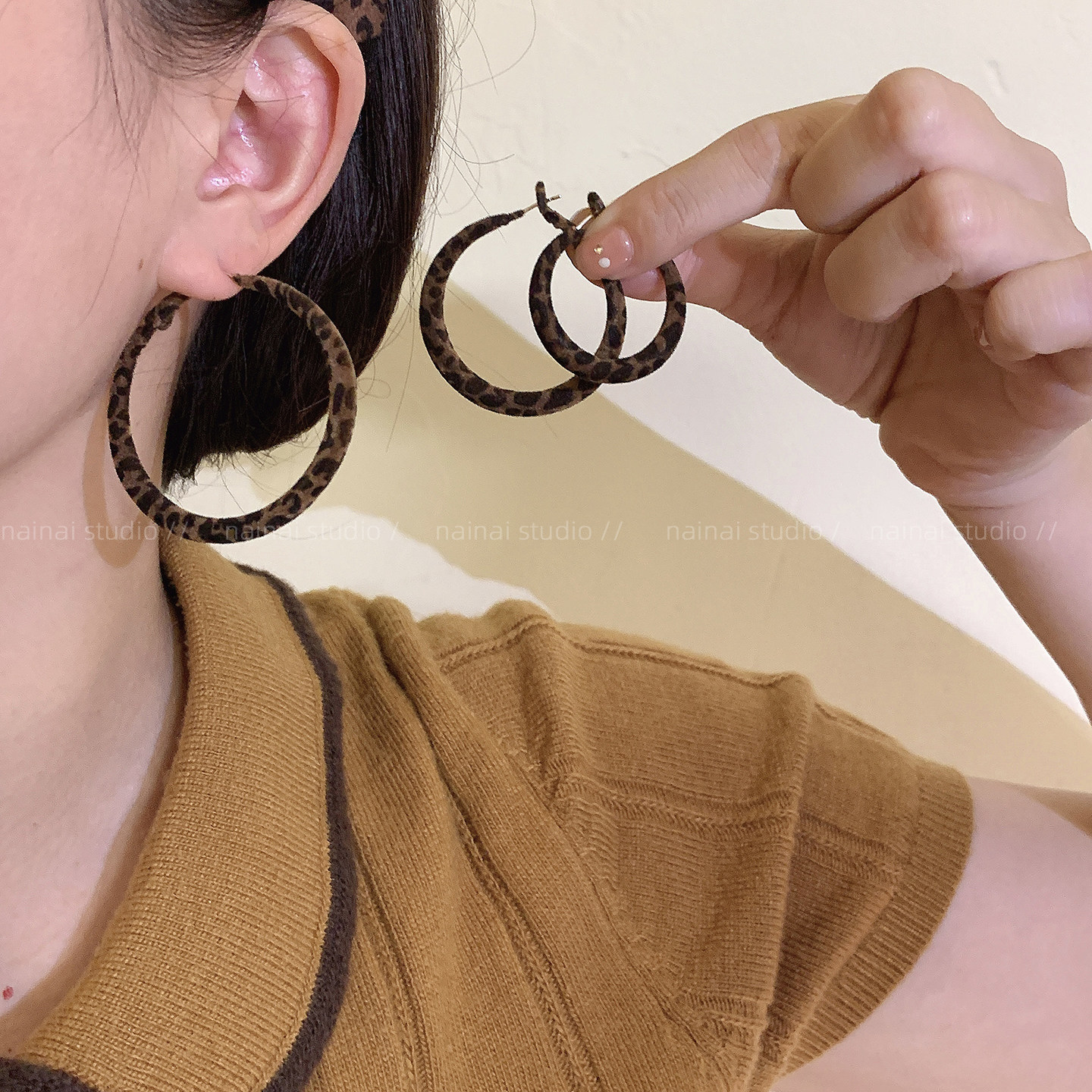 豹纹耳圈~植绒甜酷辣妹圆圈夸张欧美气质耳环秋冬素圈耳钉耳饰女