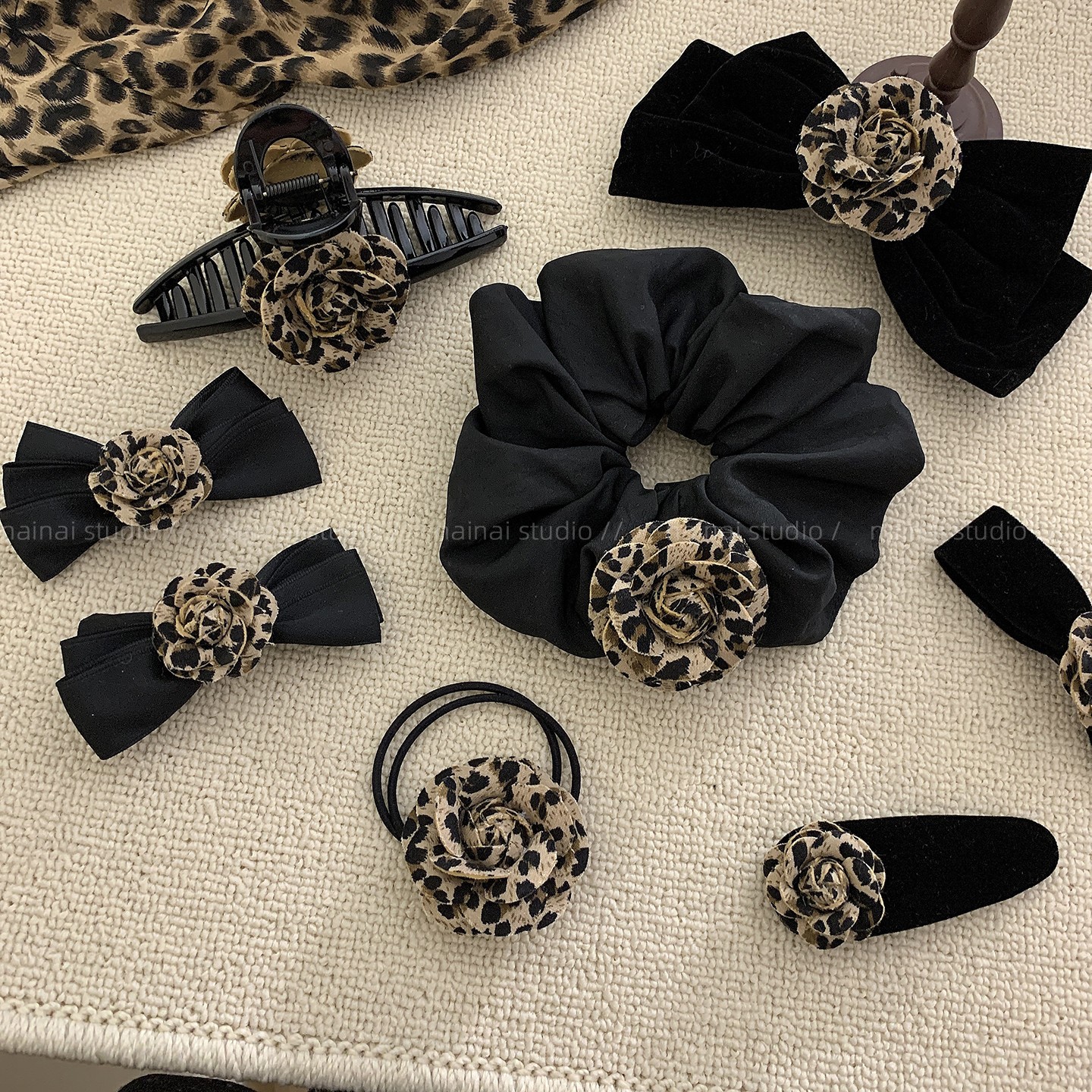 豹纹山茶花发夹~原创系列！黑色甜酷抓夹发圈蝴蝶结发绳发饰头饰