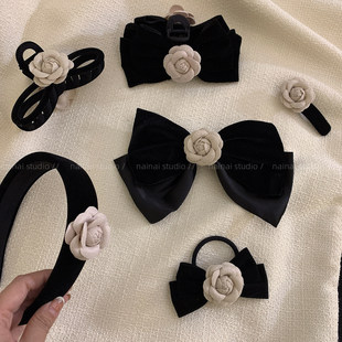 山茶花发夹系列~黑色丝绒复古法式蝴蝶结抓夹高级感侧边夹发箍女A