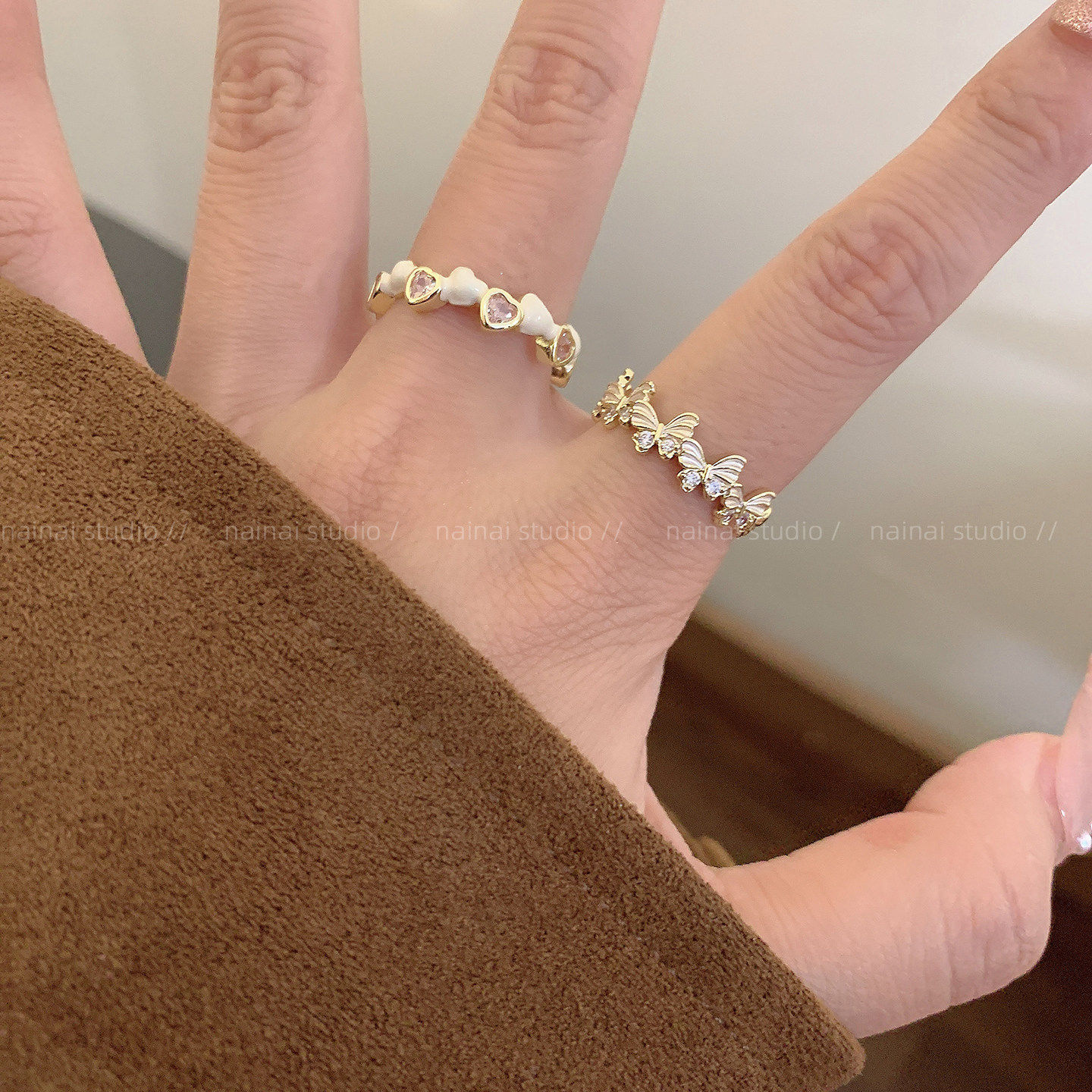 滴釉戒指集合~白色蝴蝶超仙珍珠双层花朵食指戒叠戴韩系ins指环A