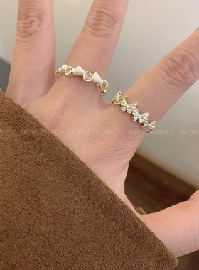 滴釉戒指集合~白色蝴蝶超仙珍珠双层花朵食指戒叠戴韩系ins指环A