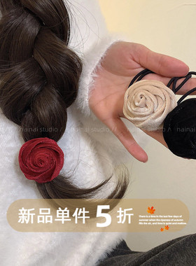 丝绒玫瑰花发圈~2只装！复古法式红色花朵发绳头绳高级感发饰女A