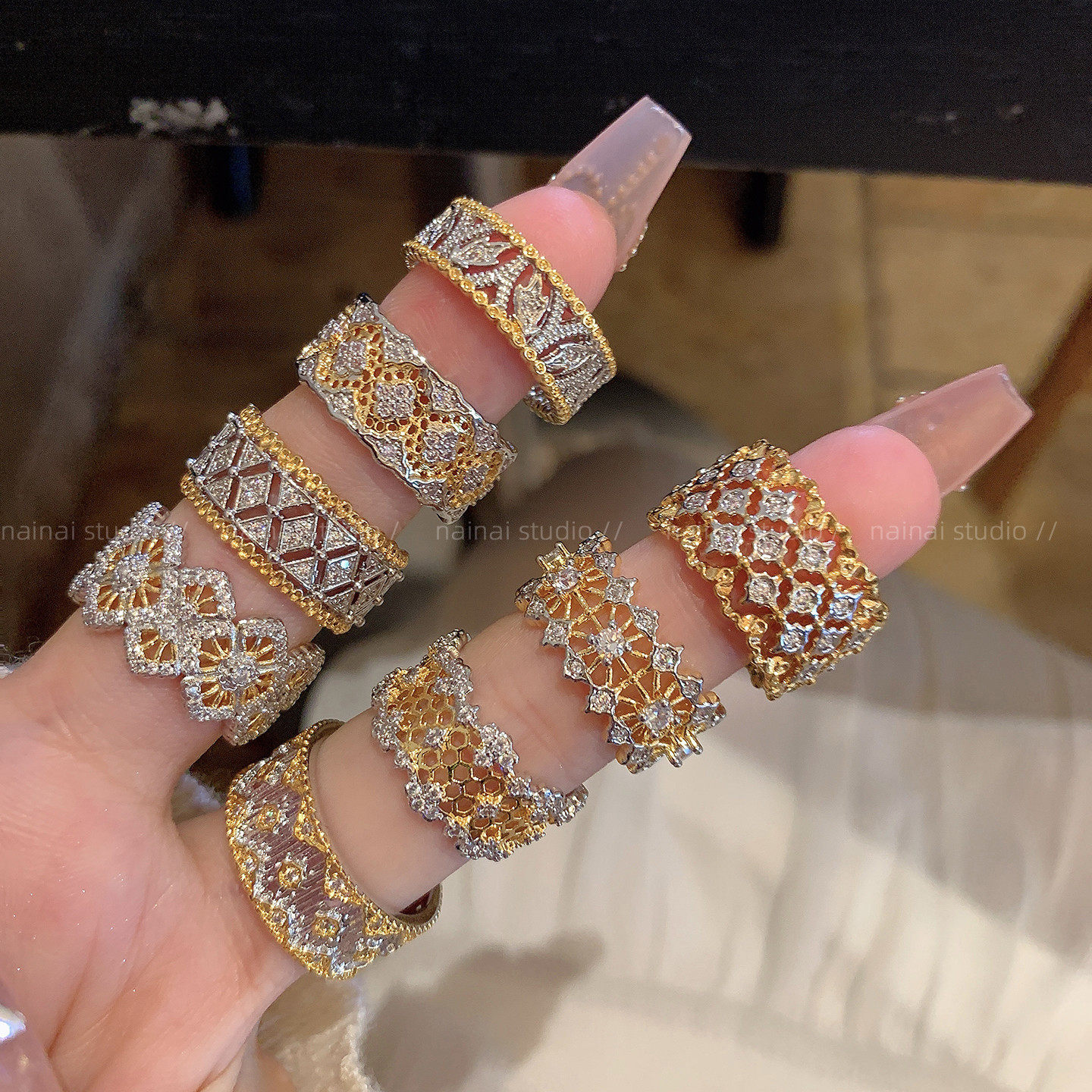 宫廷风金色戒指集合~轻奢高级感复古宽边蕾丝食指戒气质法式指环A