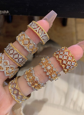 宫廷风金色戒指集合~轻奢高级感复古宽边蕾丝食指戒气质法式指环A