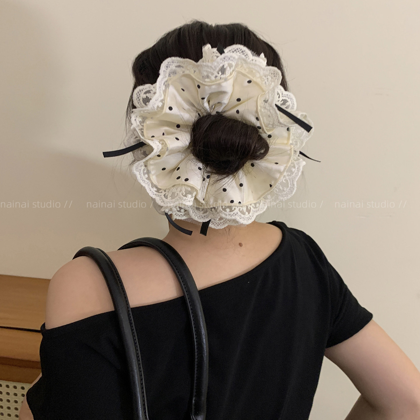 波点大肠发圈~蕾丝花边蝴蝶结少女复古法式丸子头扎头发发绳头绳