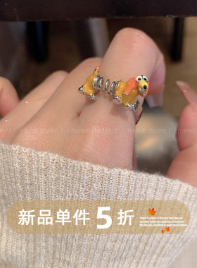 腊肠狗戒指~可爱卡通小众设计弹簧狗食指戒韩系ins风冷淡风指环A