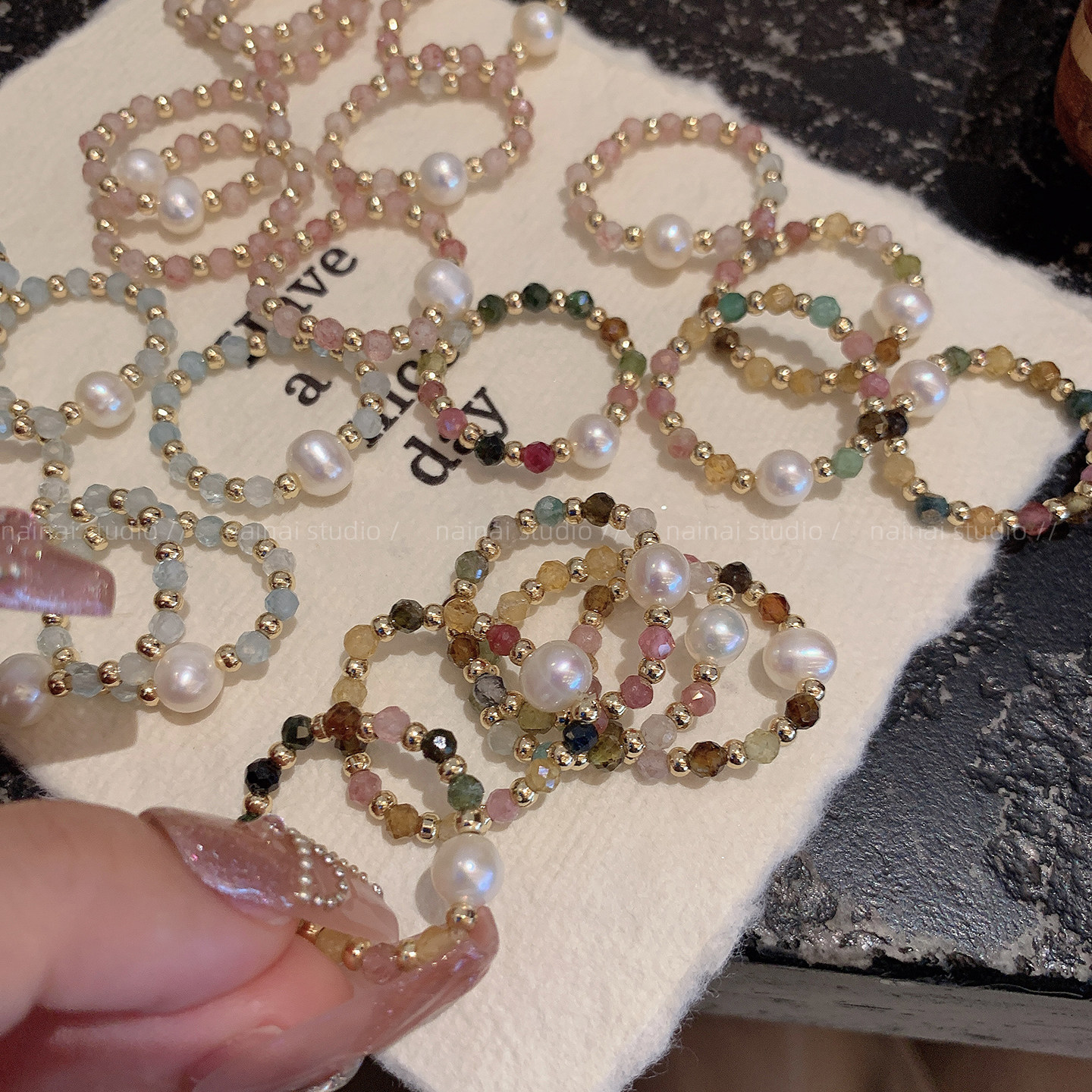 淡水珍珠戒指~彩色串珠食指戒小众设计高级感复古气质轻奢指环女A