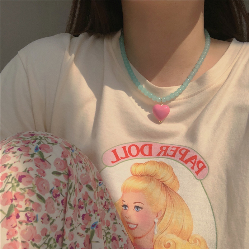 颜色超美！粉色+蓝色桃心项链少女心撞色时髦甜酷辣妹锁骨链颈