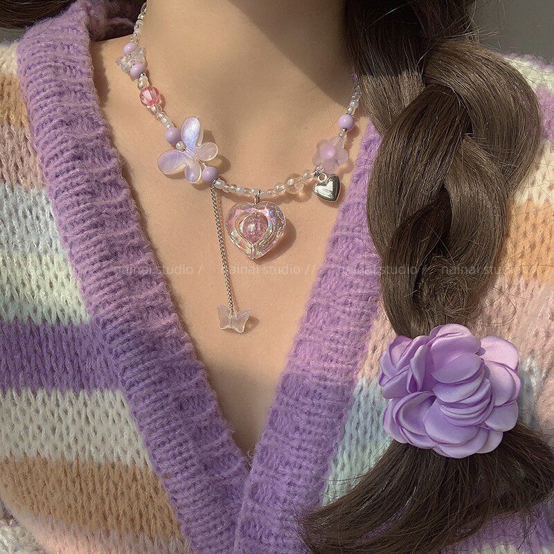 紫色串珠项链~春季新款！甜酷蝴蝶花朵爱心吊坠锁骨链2025年颈链