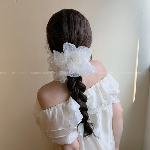 超大号！白色刺绣波点网纱大肠发圈韩系ins风丸子头低马尾发饰女