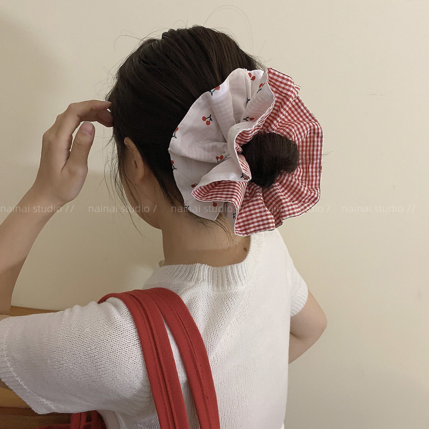 樱桃大肠发圈~蓝色+红色格子双层大号丸子头发绳扎头发头绳发饰女