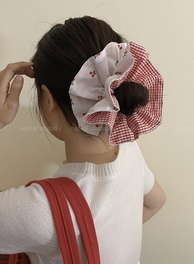 樱桃大肠发圈~蓝色+红色格子双层大号丸子头发绳扎头发头绳发饰女