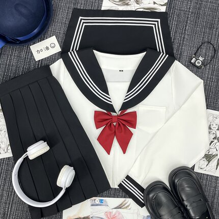 大婶家原创黑领白三本关西襟水手服显瘦短裙套装日系学院风JK制服