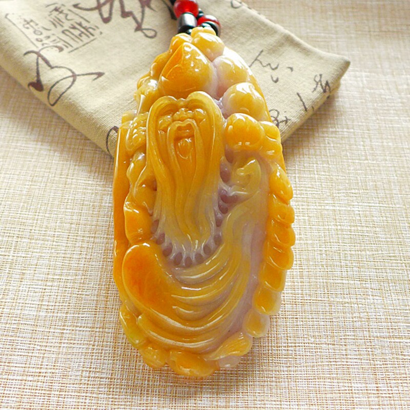 珠宝鉴定证641# A货老种金黄翡水润起胶饱满精雕寿星公翡翠把件