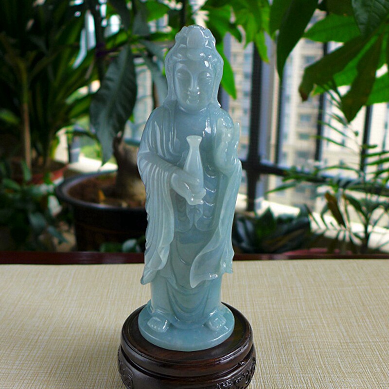 传世珍藏853# A货老坑种浅蓝绿果冻起胶精雕净瓶观音翡翠摆件