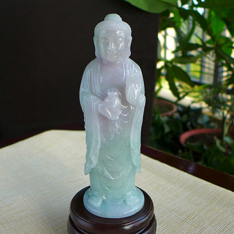 传世珍藏686# A货老坑种春彩紫罗兰冰润起胶精雕大日如来翡翠摆件