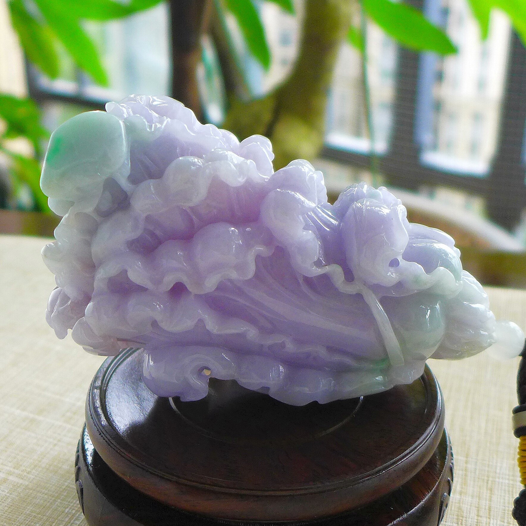 精品珍藏363# A货春带彩紫罗兰阳绿冰润精雕招财翡翠白菜把/摆件