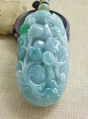 传世珍藏366# A货老种阳绿浅蓝绿冰润起胶精雕财福洋洋翡翠把件