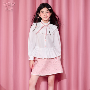 衬衫 爱安玖儿童衬衣翻领中大童白色上衣时髦少女甜美夏秋女童长袖
