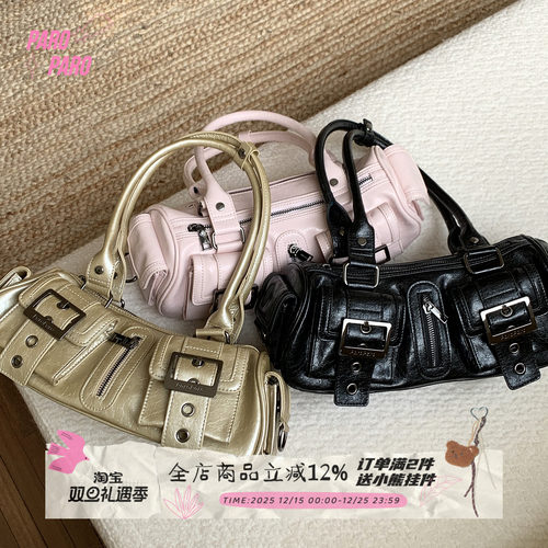 ParoParo亚亚千禧！复古油蜡皮多口袋通勤长柄腋下法棍包金色女包