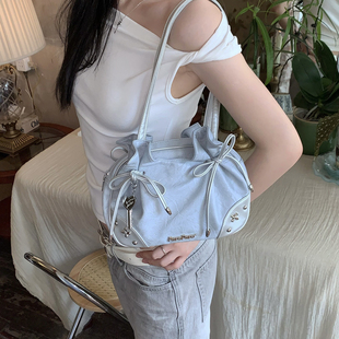 ParoParo治愈系Blue 气少女风软皮手提包单肩腋下包系绳蝴蝶结 元